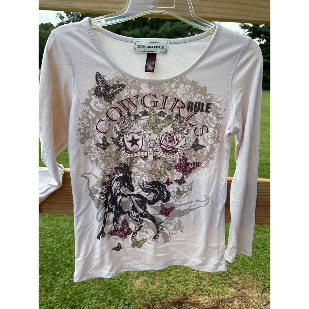 Bit & Bridle Cowgirls Rule Graphic Long Sleeve Top Cream Western Horse Studded L